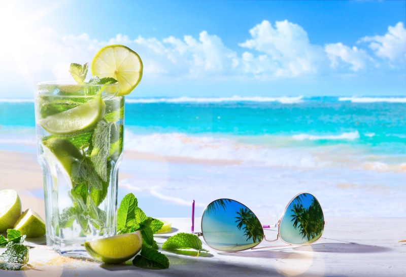 cocktail, beach, herb, horizon, no people, clouds, sky, freshness, glass, slice, the sun, glasses, healthy eating, lemon, palm trees, outdoors, fruit, refreshment