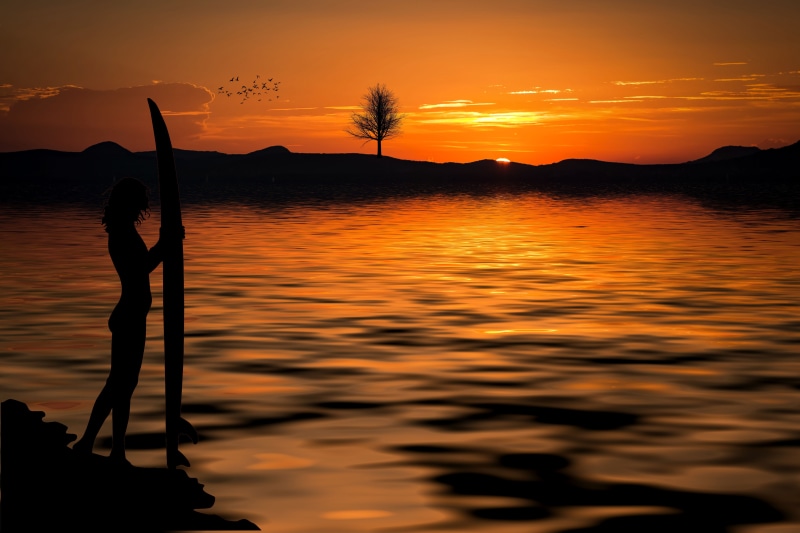 land, reflection, nature, mountain, surfboard, cloud - sky, scenics - nature, sunset, orange color, ocean, sea, beauty in nature, silhouette, non-urban scene