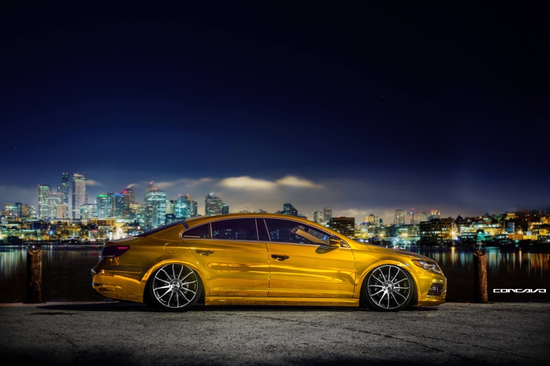 Bagged, concave, Gold, rims, street, CW, yellow, miami, city building, transportation, Machined, Volkswagen CC, volkswagen  cc, Face, wheels, building
