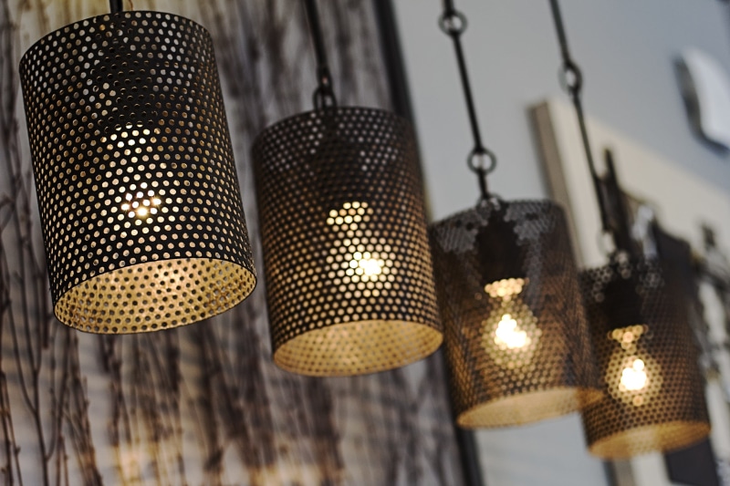 black, turned, selective focus, design, music, decoration, low angle view, pendant, no people, lighting equipment, ceiling, still life, glowing, light fixture