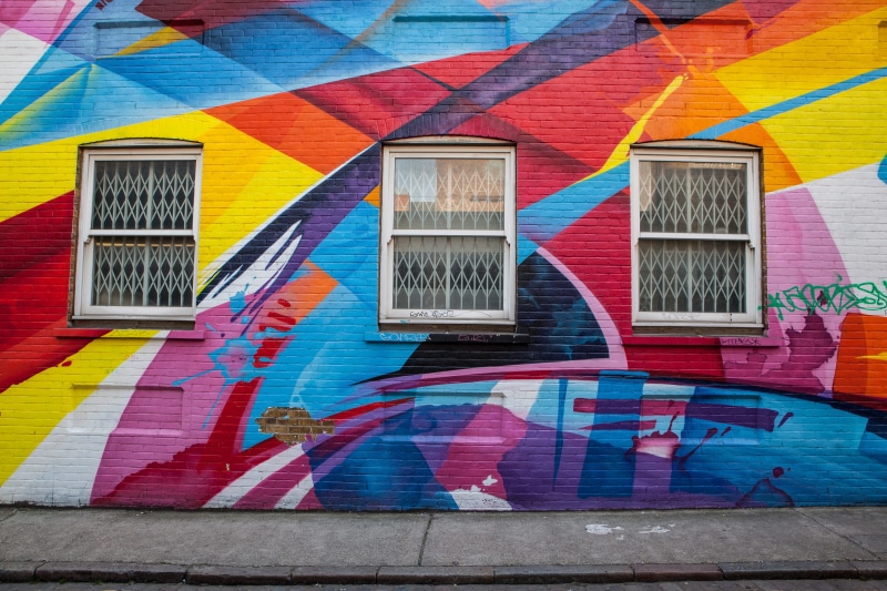 house, brick, building, outdoors, pattern, flag, red, East London, 4K, pink color, london, DSLR, wide, covered, graffiti, blue, art and craft, creativity