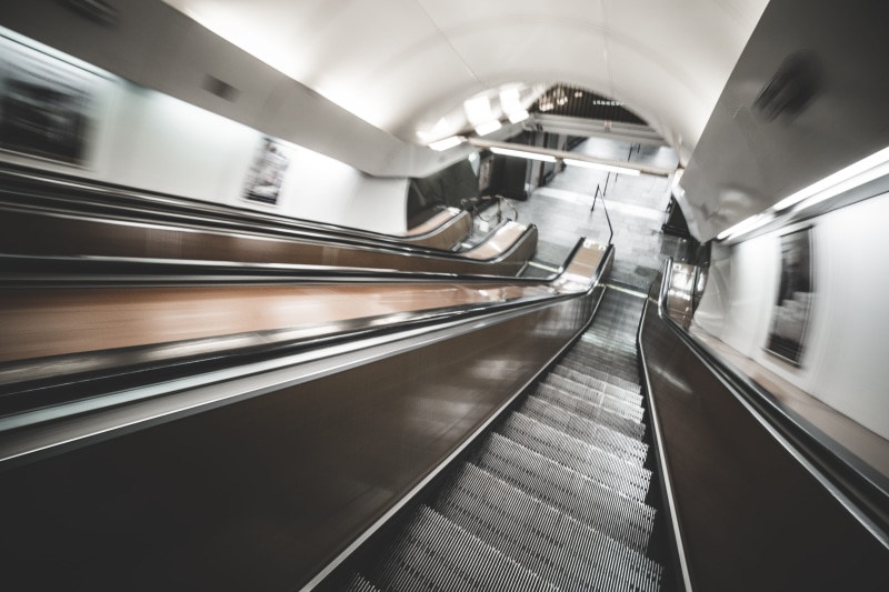 Escalator, staircase, stairs, speed, indoors, moving walkway, no people, mode of transportation, public transportation, train, 4K, direction, station