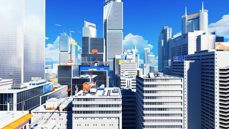 sky, skyscraper, outdoors, financial district, corporate business, blue, rise, urban skyline, office, built structure, 1080P, video games, Mirrors Edge