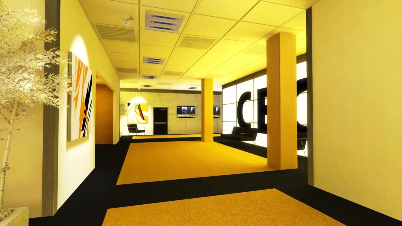 video games, Mirrors Edge, no people, sunlight, arcade, empty, door, entrance, built structure, domestic room, 1080P, ceiling, yellow, lighting equipment