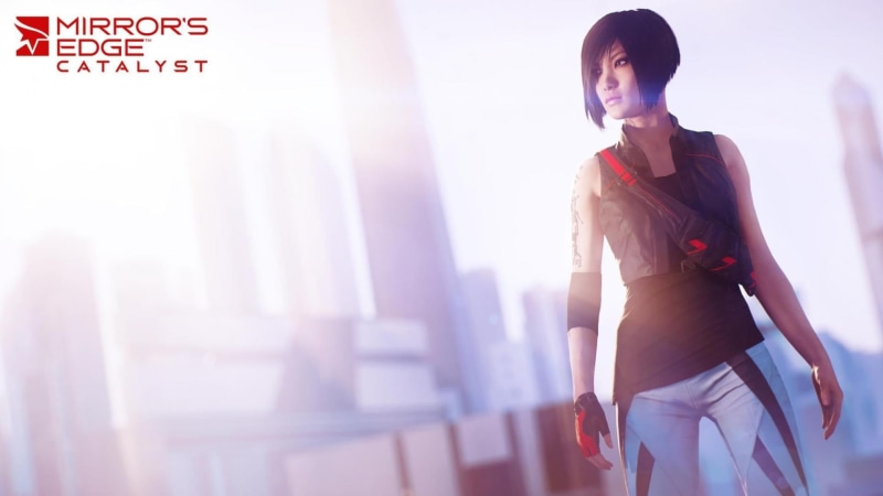 Faith Connors, lens flare, Mirrors Edge, standing, outdoors, travel, adult, one person, beautiful woman, business, brown hair, hairstyle, bag, architecture