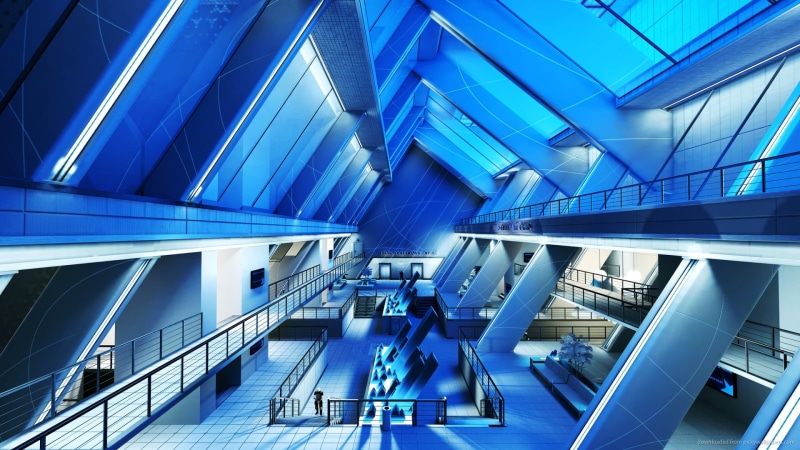 cyan, modern, convenience, 1080P, blue, building, steps and staircases, Mirrors Edge, glass - material, railing, video games, built structure, flooring