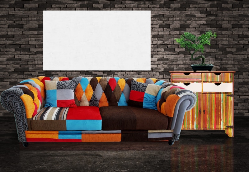 indoor, multi colored, blank, 4K, room, mock up, furniture, indoors, flooring, table, no people, day, plant, home interior, brick, brick wall, mock-up