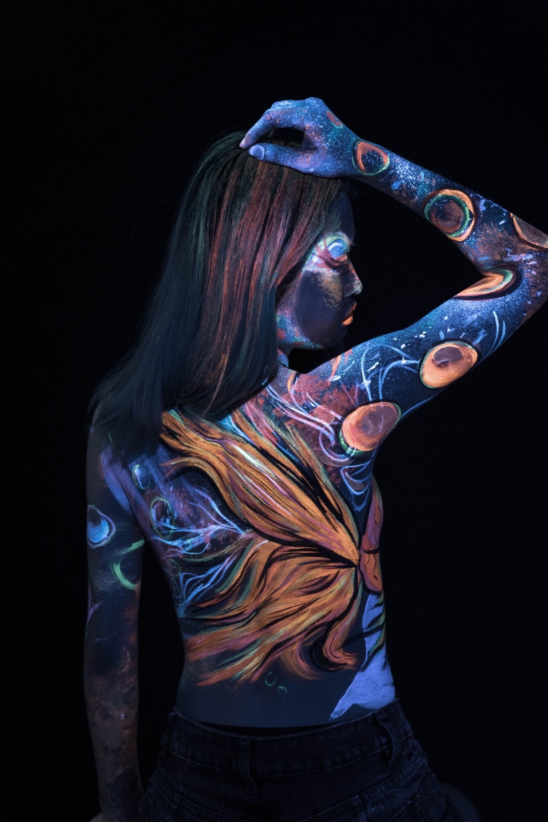woman, art, isolated On Black, painting, 5K, ultraviolet, neon portrait, beauty, people, abstract, one Person, horror, evil, dark, paint, women, studio photography