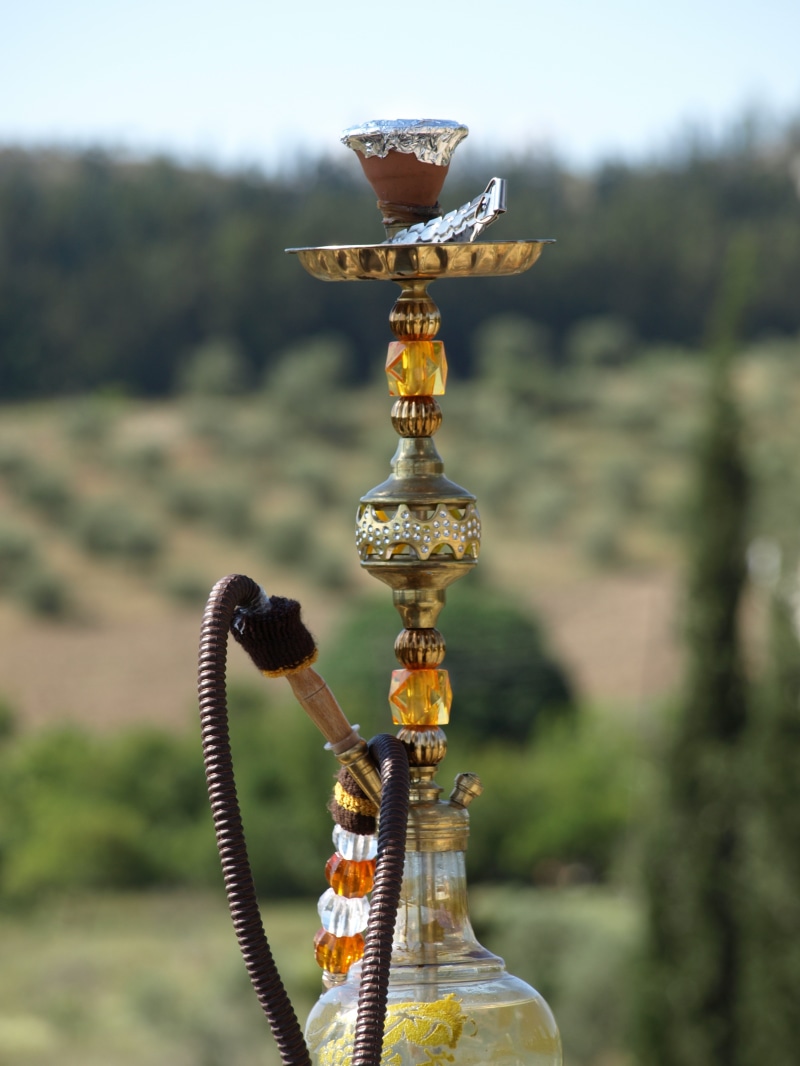arabic, metal, outdoors, close-up, focus, smoothie, focus on foreground, choice, tree, 2K, daytime, field, hubble bubble, shisha, hookah, gold colored