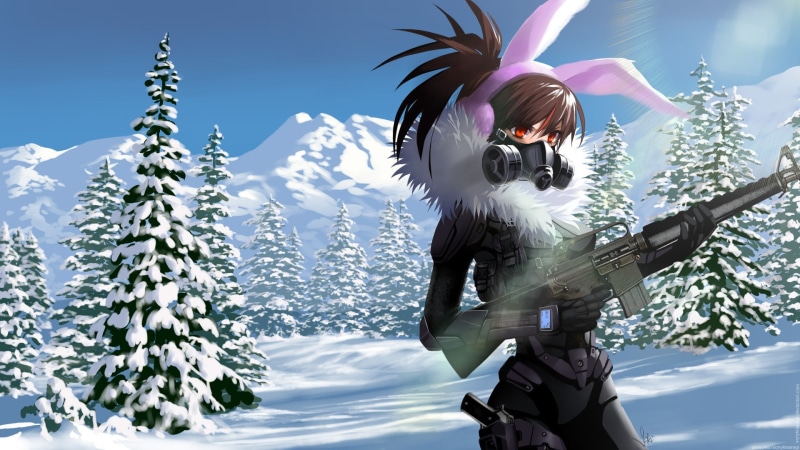 bunny ears, 1080P, brunette, M16, red eyes, weapon, anime girls, snow, winter, anime, gun, headphones, long hair
