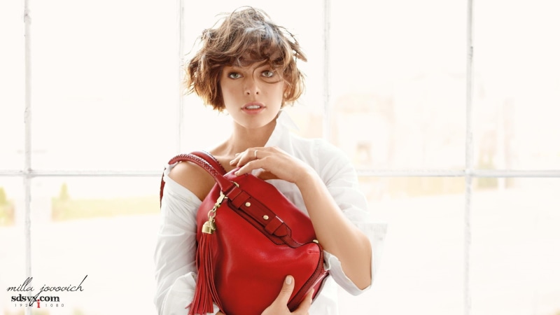 actress, bag, celebrity, fashion, young women, one person, beauty, young adult, Milla Jovovich, day, holding, window, indoors, 1080P, looking at camera