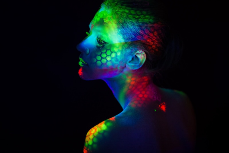 portrait, indoors, body paint, beauty, neon, beautiful woman, studio shot, colorful, vibrant color, face paint, Dmitry Shulgin, face, futuristic, dark