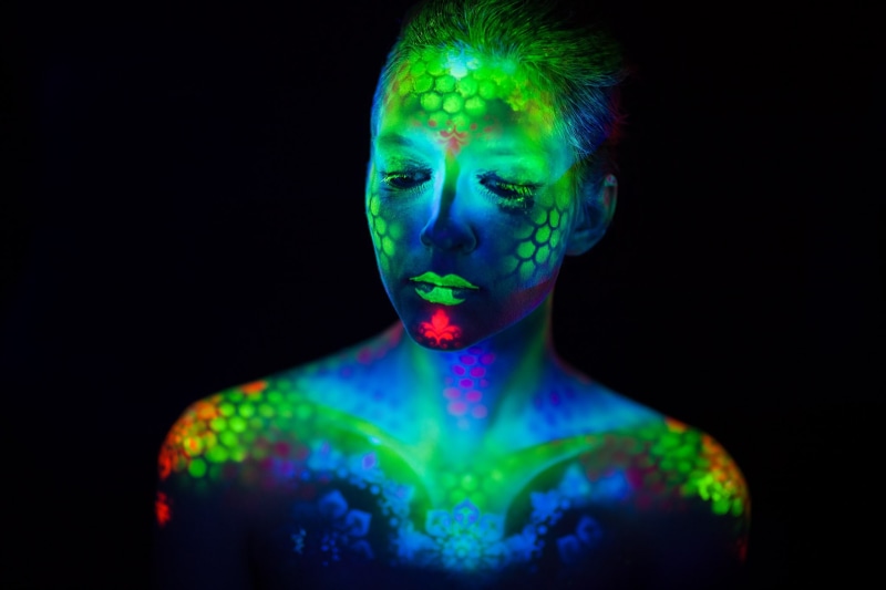 shirtless, face, women, vibrant color, green color, projection, beautiful woman, indoors, Dmitry Shulgin, studio shot, adult, front view, headshot, portrait