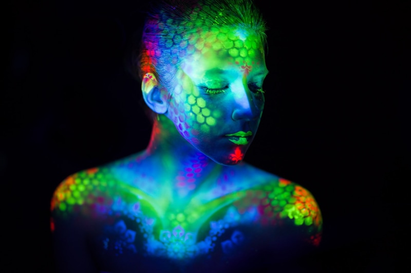 one person, Dmitry Shulgin, projection, vibrant color, model, neon colored, illuminated, futuristic, front view, face, pattern, indoors, colorful, adult