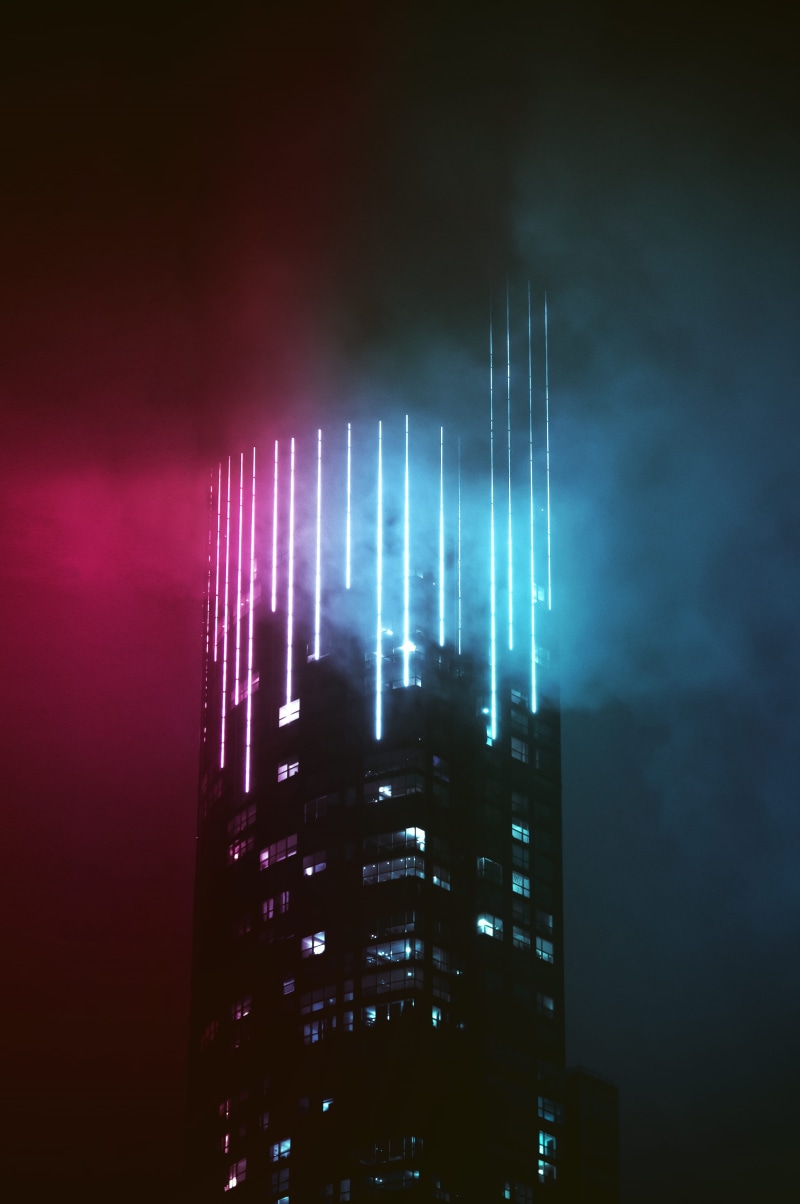 building, tone, light, outdoors, glowing, skyscraper, city, nightlife, power in nature, modern, lighted, neon, purple, office building exterior, architecture