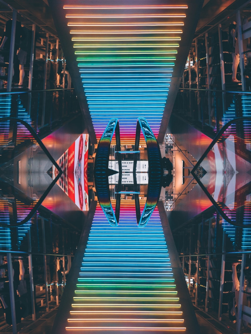 modern stairs, illusion, prism, architecture, glasses, color, rainbow colours, spectrum, illuminated, urban, indoors, neon sign, neon, street, urban Scene
