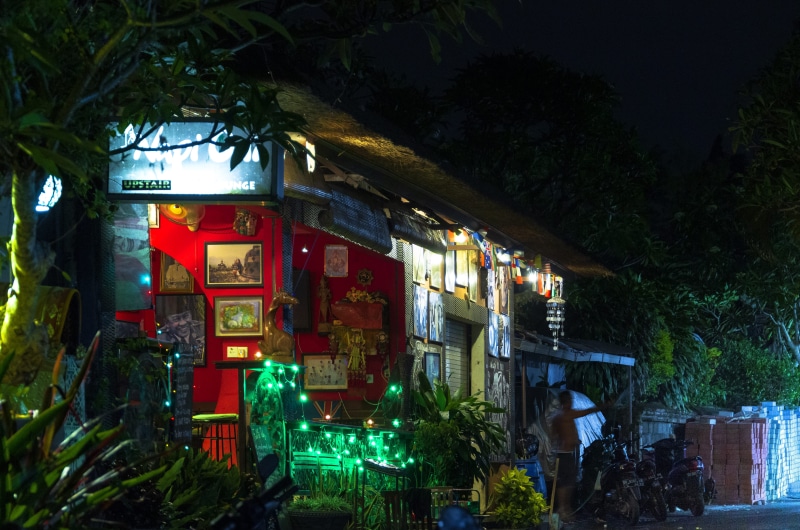 city, bali, tree, streetscape, ubud, nightlights, building, street, communication, bar, outdoors, trees, illuminated, night, 4K, lounge, indonesia, plant
