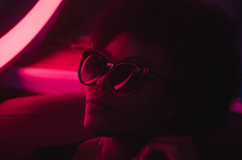 headshot, night, dark, human face, glasses, reflection, red neon portrait, women, body part, portrait, 4K, neon, indoors, woman, sunglasses, neon light