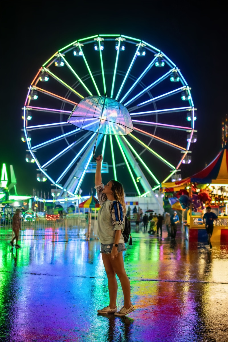 neon, girl, park, tourism, nightlife, outdoors, multi Colored, holiday, vacations, entertainment, blonde, fun, wet, lighting Equipment, event, enjoyment