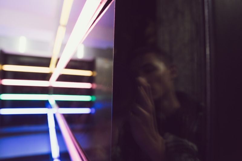 neon light, headshot, technology, adult, face portrait, young adult, illuminated, human face, looking, neon, window, amle, 5K, light - natural phenomenon