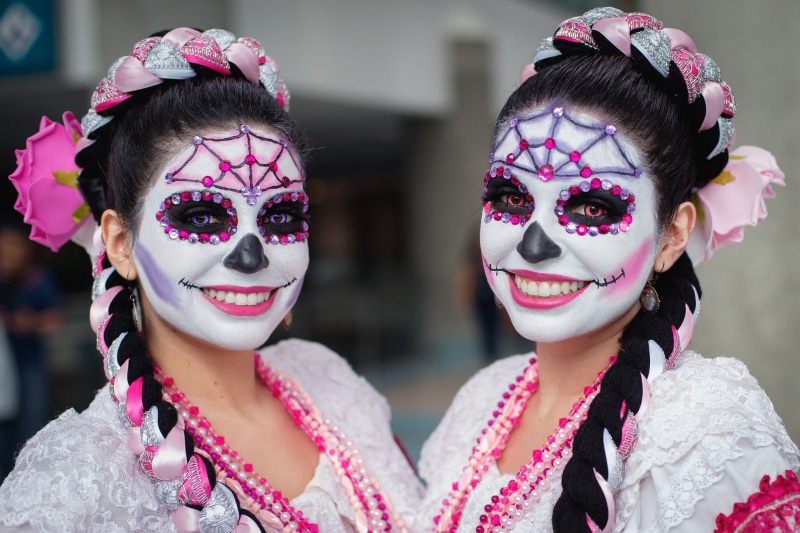 beautiful woman, make-up, skull, front view, people, smiling, Sugar Skull, makeup, 1080P, women, headshot, focus on foreground, celebration, portrait