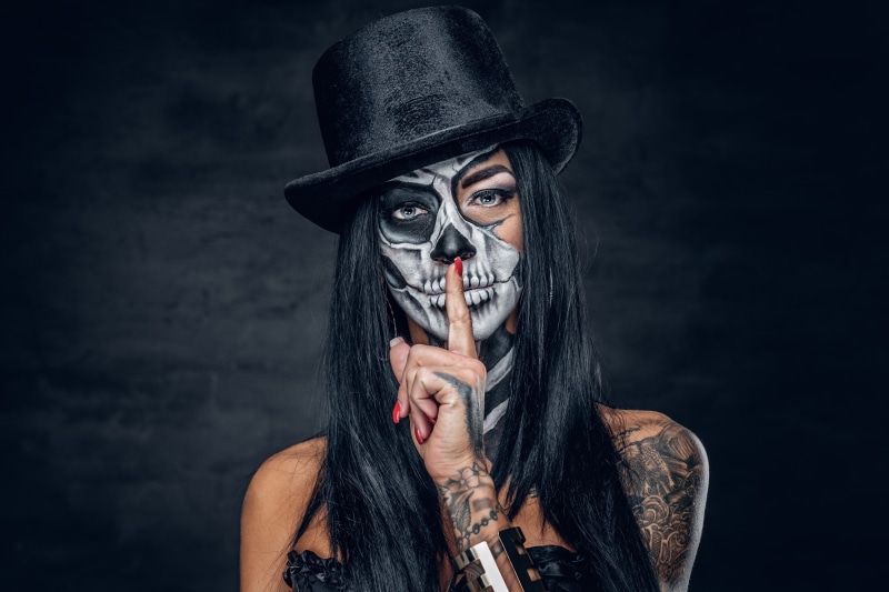 Dia de los Muertos, makeup, women, model, hat, tattoo, 4K