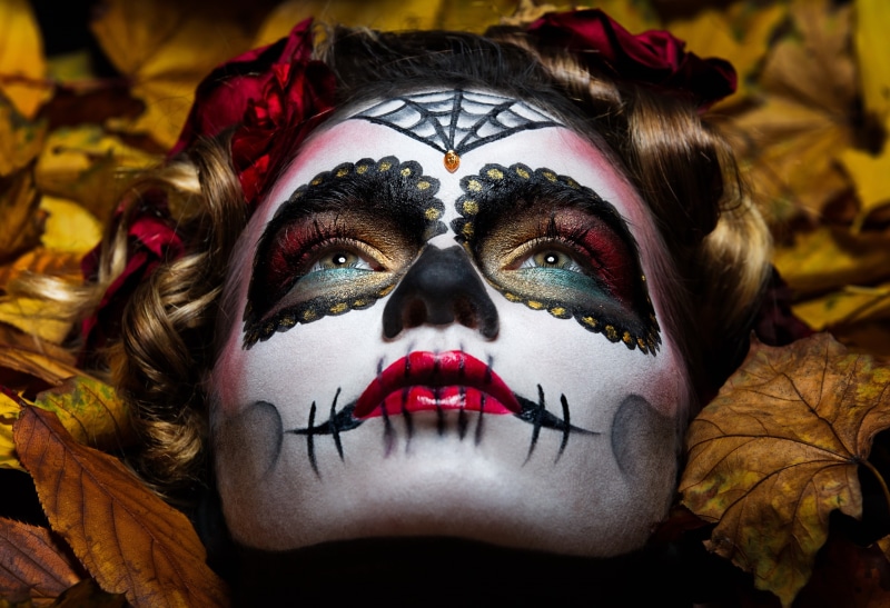 face, women, Dia de los Muertos, 2K, leaves, Sugar Skull, model, makeup