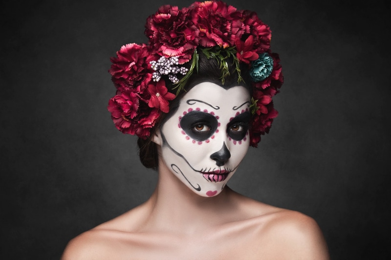 gray, face paint, Dia de los Muertos, flowering plant, skull, plant, human face, young adult, make-up, beautiful woman, studio shot, hairstyle, model, makeup