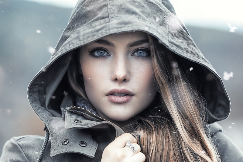 jacket, blonde, looking at camera, headshot, human face, portrait, young women, one person, body part, adult, beautiful woman, beauty, fashion, veil, beautiful people