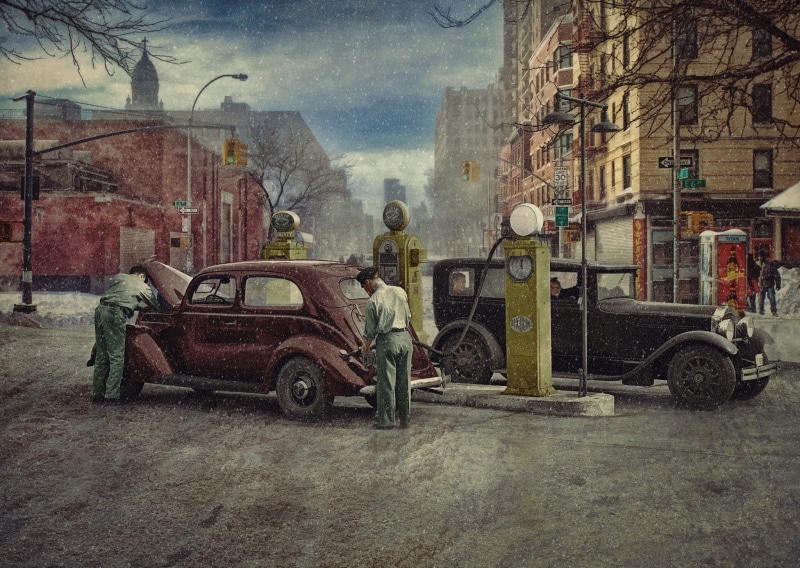 auto post production filter, classic, cityscape, 1930 (Year), building, city, land vehicle, building exterior, New York City, mode of transportation, outdoors