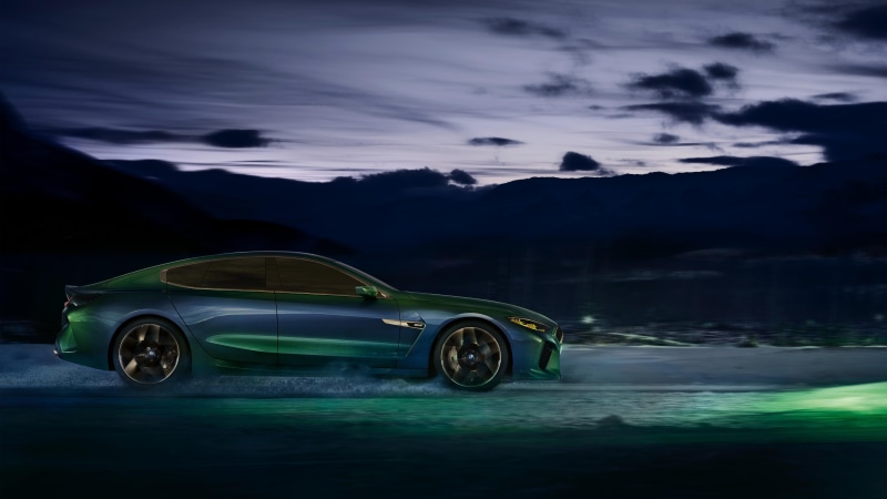 mode of transportation, dusk, sky, travel, bmw m8 gran coupe, motion, cloud - sky, water, bmw 8 series, luxury vehicle, transportation, mountain, darkness