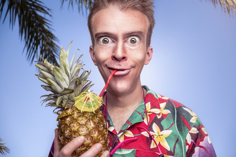 fashion, males, front view, looking At Camera, men, human face, funny, food, outdoors, yellow, palm Tree, smiling, man, human body part, one Person, lazy