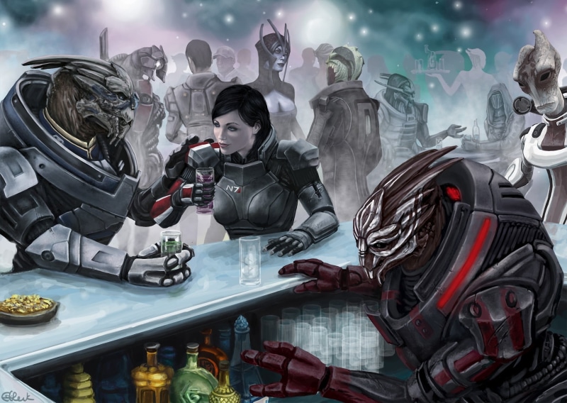 me3, mass, human representation, robot, protective workwear, commander, female, fanart, Drell, smoke - physical structure, captain, the turian, one person