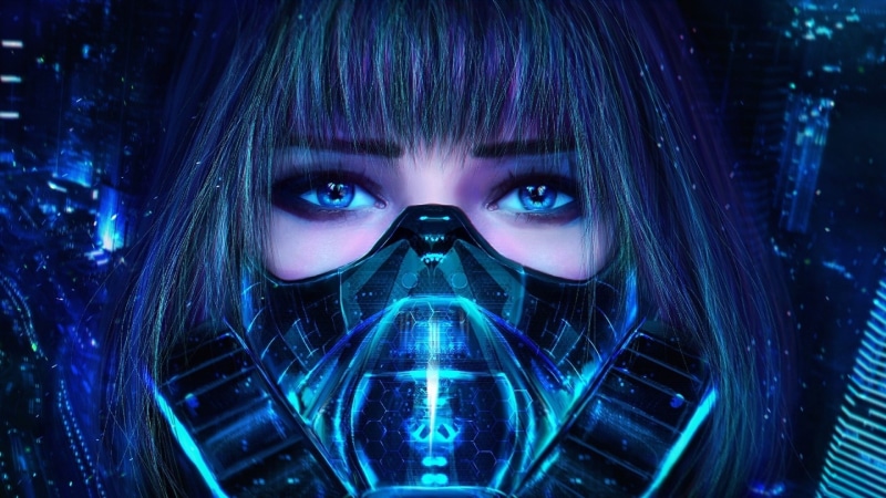 female, 1080P, digital art, woman, blue eyes, space traveler, space travel, girl, blue, futuristic, toxic mask, mask