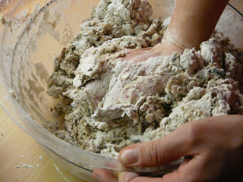 kneading, human body part, Flour, food and drink, lifestyles, finger, real people, hand, Bowl, stirring, craft, working, work, people, making, cooking