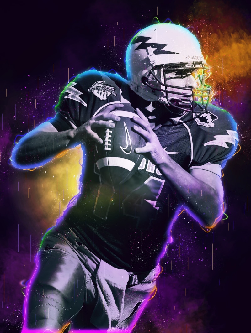 digital composite, creativity, headwear, one person, illuminated, obscured face, night, real people, gridiron, men, football player, indoors, ball carrier