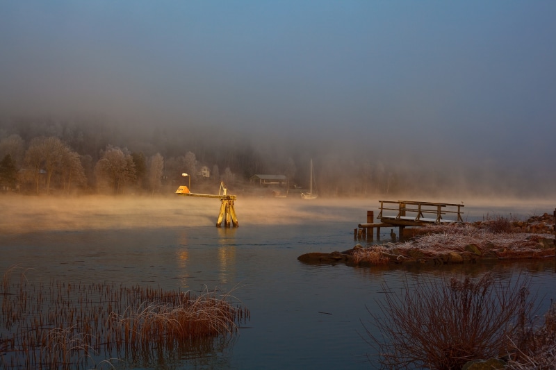 reflection, outdoors, mist, Sun, nature, fog, navigation channel, sky, water, tree, ethanol, tranquility, sweden, bridge, environment, nautical vessel