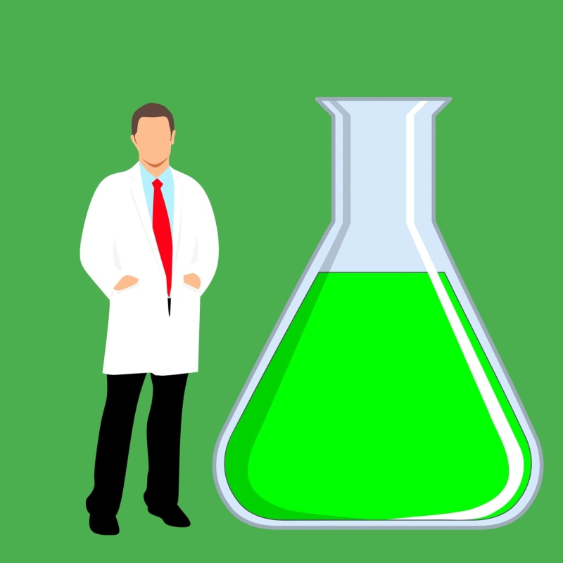 chemical, studio shot, uniform, next, business person, standing, flask, green color, one person, chemistry lab, biology, men, businessman, scientist, occupation
