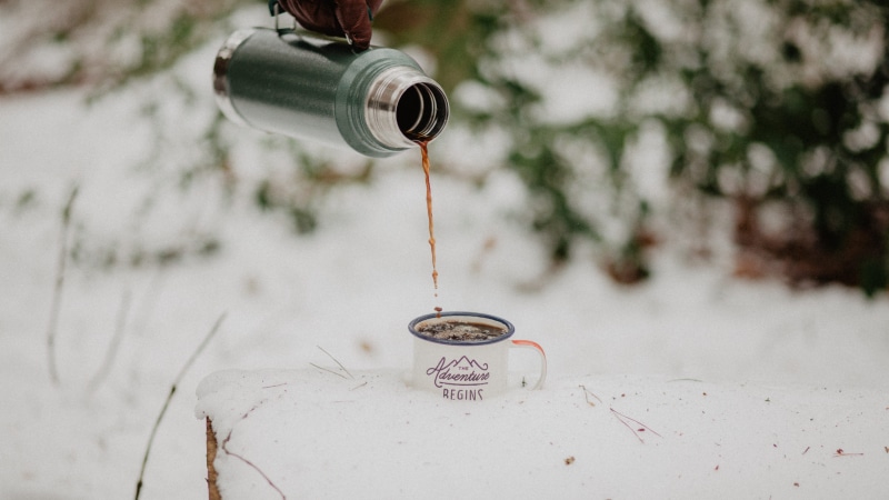 technology, the adventure begins, pour, flask, land, coffee, tree, winter, photo, landscape, environment, holding, close-up, vacuum, thermos, motion, person