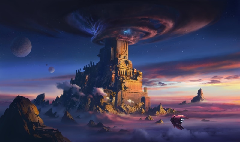 Stars, Spaceship, Storm, 1080P, Rocks, Mountains, Planet, Concept Art, Palace, Castle, Space, Funnel, Science Fiction, Transport and Vehicles, Spacecraft