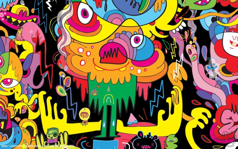 full frame, 720P, backgrounds, multi colored, western script, psychedelic, animal representation, hanging, communication, large group of objects, pattern