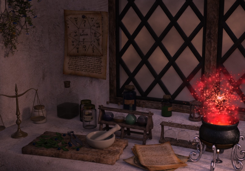 manuscript, mortar, kettle, teapot, drug, kitchen utensil, wall - building feature, boiler, witch, volhovanie, furniture, grass, candle, herbalist, household equipment