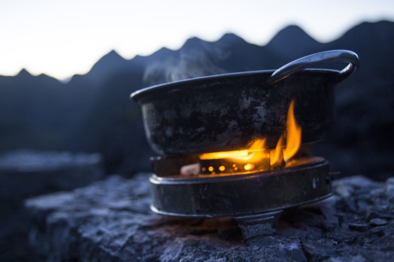 food and drink, camping, focus on foreground, 5K, mountain range, selective focus, mountain, no people, heat - temperature, burn, fire, steam, preparation