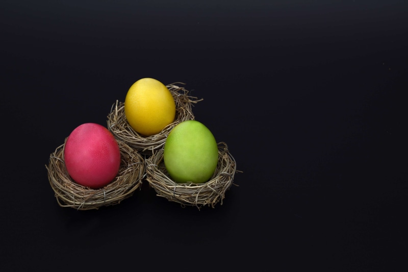 food and drink, easter, happy easter, green color, indoors, fruit, cooked, boiled eggs, 4K, copy space, easter theme, group of objects, egg, egg shaped