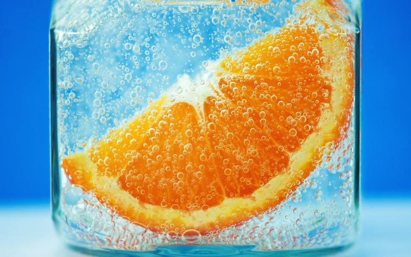 Bubble, fruit, Background, Slices, Orange, Blue, close, Glassware, Water, 2K