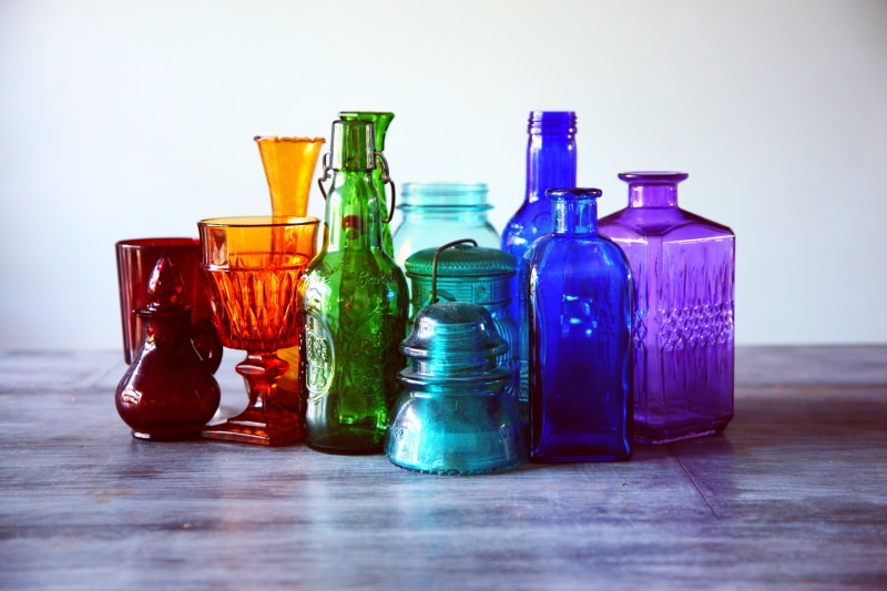 colors, indoors, bottles, table, container, glassware, decor, clean, transparent, colorful, containers, multicolor, multi colored, blue, food and drink