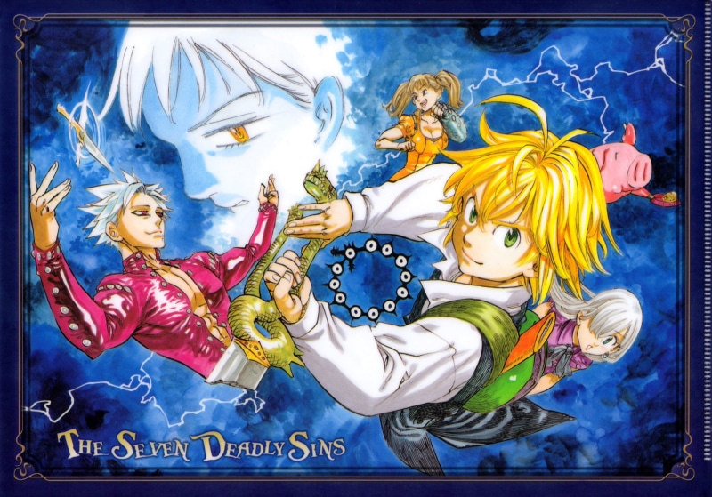 blue, representation, 1080P, female likeness, craft, architecture, clothing, Meliodas (The Seven Deadly Sins), male likeness, paint, auto post production filter