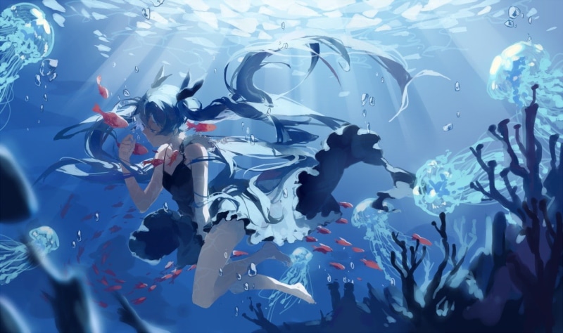 Hatsune Miku, 720P, sea, animal wildlife, animal, indoors, school of fish, anime, group of people, underwater, marine, nature, fish, animals in captivity