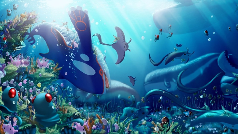 animals in the wild, 1080P, illustration, tank, kyogre, swimming, nature, whales, Pokémon, large group of animals, Tentacool, fish, marine, no people