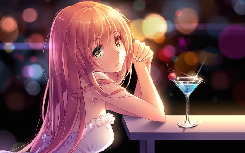 one person, character, front view, looking at camera, female, nightlife, portrait, alcohol, illuminated, anime, martini glass, lifestyles, glass